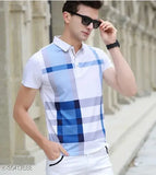 Blue cotton printed polo neck t-shirts for men, featuring short sleeves and eye-catching patterns