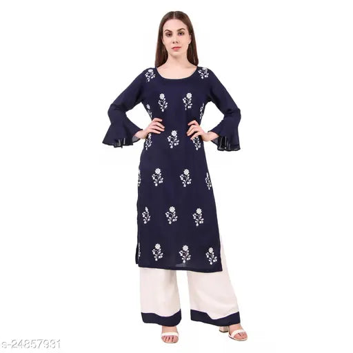 Rayon embroidered kurta set with palazzos, three-quarter sleeves, Indian women's fashion on mannequin