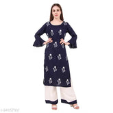 Rayon embroidered kurta set with palazzos, three-quarter sleeves, Indian women's fashion on mannequin