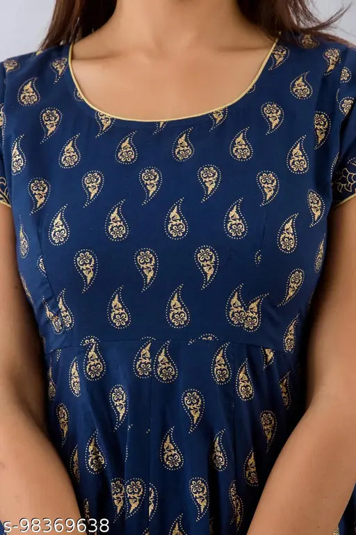 Navy cotton paisley print Anarkali Kurta with short sleeves, gold accents, and round neck - Indian ethnic wear