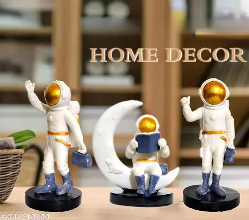 White poly resin astronaut showpiece set for home decor & gift, modern art figurines with intricate detailing, ideal for tabletop decoration and collection