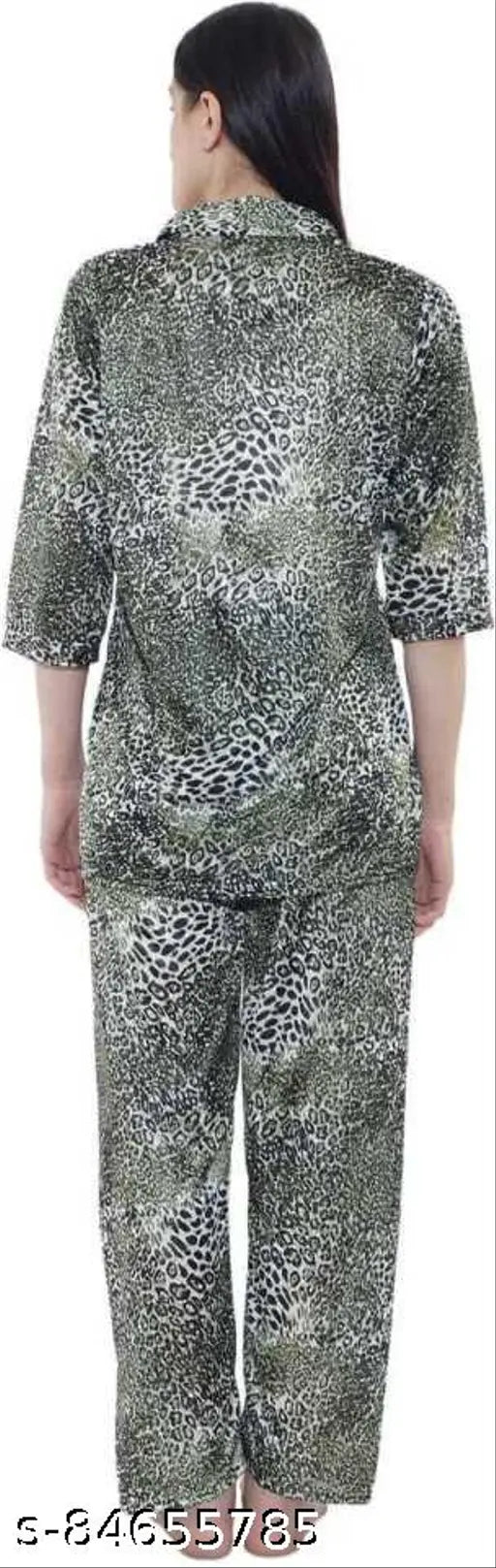 Green animal print satin & polycotton pyjama set for women, trendy sleepwear with printed pattern