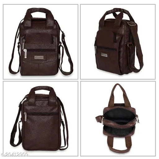 Green and dark brown polyester unisex sling bag for travel or business. Features 3 compartments, ideal for men and women