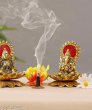 Gold-toned antique finish Lotus sitting LakshmiGanesha idol pair, Hindu God decor for home temple, office, or gift