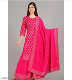 Pink gold print Rayon kurti dupatta plazzo set, stylish casual outfit for modern women