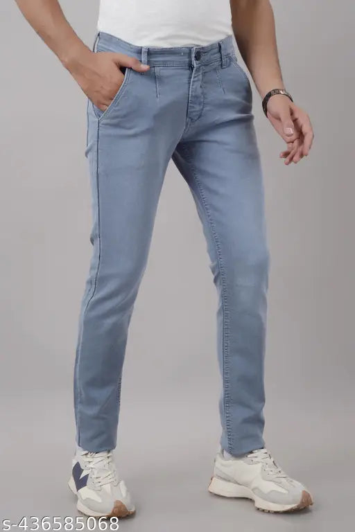 Men's skyblue stretchable denim jeans, slim fit for cool and classy look. Made with fine quality silky fabric, pre-washed for best fit. Regular fit jeans suitable for casual and formal wear. Available sizes: 30 (Waist 30in/Length 41in/Hip 30in), 32 (Waist 32in/Length 41in/Hip 32in), 34 (Waist 34in/Length 41in/Hip 34in), 36 (Waist 36in/Length 41in/Hip 36in). Indian made denim jeans for men