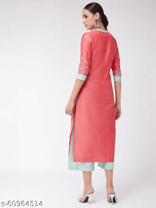 Art Silk embroidered kurta with palazzo, short sleeves, straight fit - Indian women's fashion