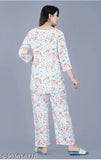 White and blue floral print viscose rayon nightwear set, includes top and pyjamas with 3/4 sleeves and V-neck