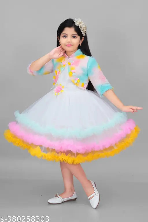Multicolor net festive wedding dress for girls with three-quarter sleeves, printed pattern by Jhilik Garments