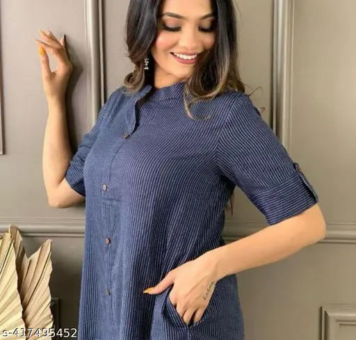 Blue Neptune Kantha Cotton Coord Set for All Ages Women, solid color, three-quarter sleeve, cotton fabric (Note: This alt text focuses on the product type, material, and color while also providing a brief description of the set's style.)