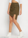 WineRed denim mini wrap skirt with adjuster, olive green and boho-inspired women's fashion accessory on model