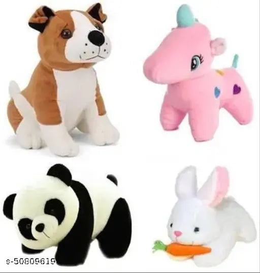 Premium quality adorable stuffed toys combo: Bull Dog, Panda, Pink Unicorn, White Rabbit in fabric net - Durable, huggable, and lovable for kids. Great gift for parties or birthdays, made with non-toxic polyester and fur fabrics from India