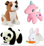 Premium quality adorable stuffed toys combo: Bull Dog, Panda, Pink Unicorn, White Rabbit in fabric net - Durable, huggable, and lovable for kids. Great gift for parties or birthdays, made with non-toxic polyester and fur fabrics from India