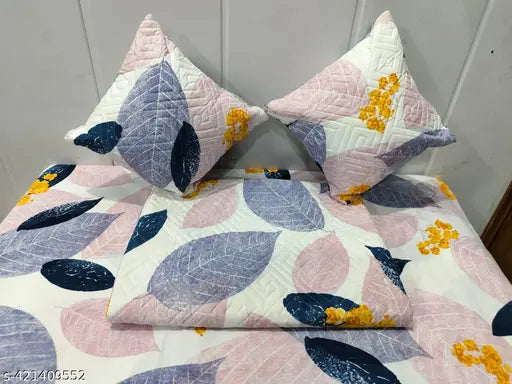 Multicolor botanical Glace Cotton 5-piece king size bedsheet set with double bedsheet, quilted cushion, pillow covers & fillers for bedroom living room