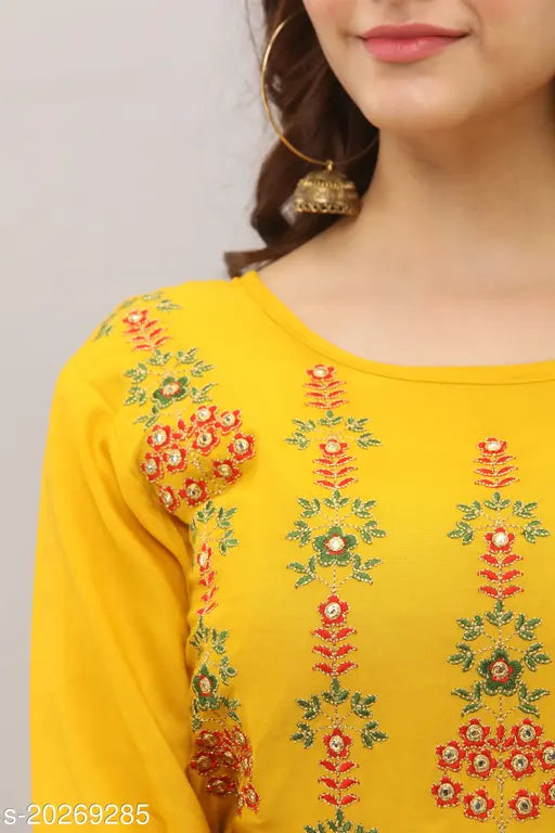Yellow rayon embroidered Anarkali kurti, three-quarter sleeves, Indian traditional women's fashion