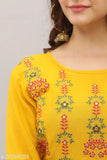 Yellow rayon embroidered Anarkali kurti, three-quarter sleeves, Indian traditional women's fashion