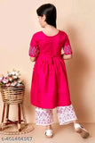 Pink cotton blend three-quarter sleeves round neck printed top & palazzo bottom set for beautiful kids girls(Pink)