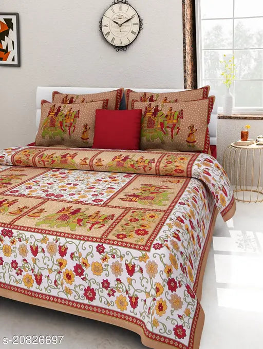 White and colorful floral printed 100% cotton double bedsheet with 2 pillow covers, ideal for summer adult use. Made in India