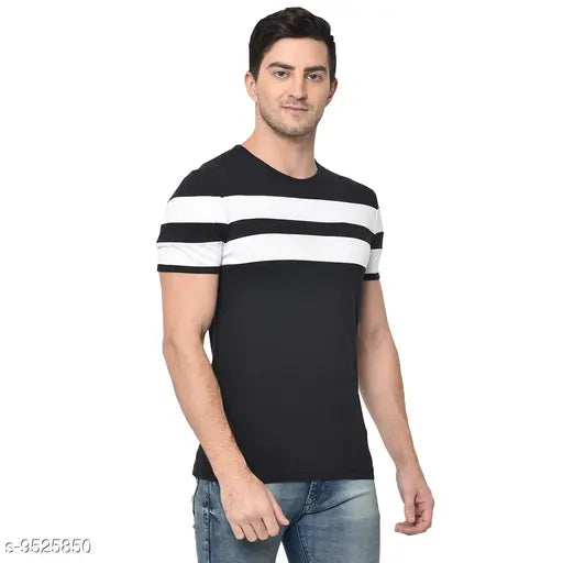 Black cotton men's round striped t-shirt with short sleeves, colorblocked design - available in S, M, L, XL, XXL