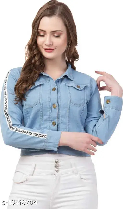 Light blue denim jacket from 69 Fashion Street, solid pattern, three-quarter sleeves, size N available