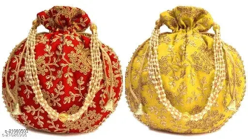 Indian fabric net pouches, set of 2 for women's fashion accessories