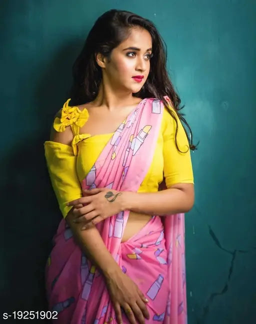 Stylish poly georgette saree with digital print, paired with dupion silk blouse on display