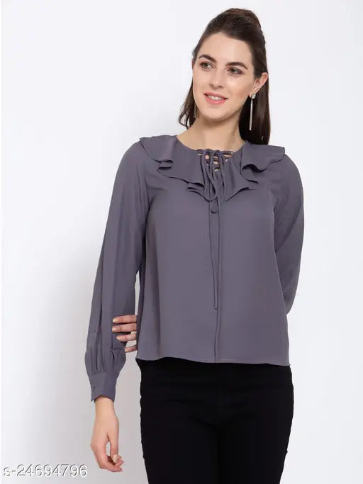 Grey polyester solid long-sleeved top with balloon sleeves, v neck and lace up detail. Indian women's fashion wear
