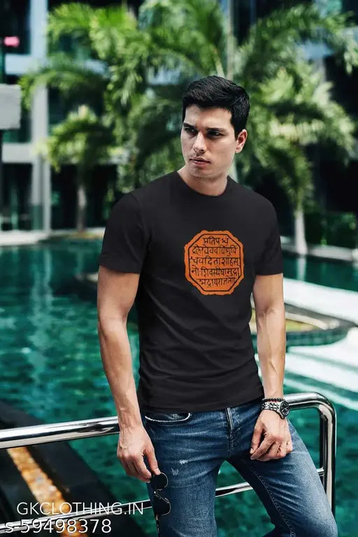 Melange grey printed Chhatrapati Shivaji Maharaj Rajmudra T-shirt, combed cotton, short sleeves, regular fit, machine cold wash