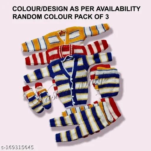 Kids unisex winter wool striped three-piece combo set: sweater, payjami, cap, and booties for infants aged 0-3 months