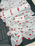 White heart saree with embroidered gamthi design, georgette fabric, Durga Pooja special, India