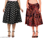 Black polka & brown paisley mid-calf length women's panel polyester gathered skirt combo - polyester print, 27 inches long, size range 26-34