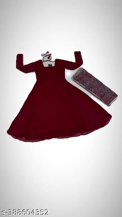 Maroon faux Georgette Anarkali dress with dupatta, long sleeves, flared fit, suitable for festive wear