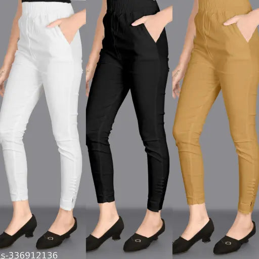 Cotton Lycra solid women's trousers combo, featuring big sizes from 28-42 inches