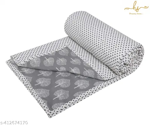 Grey Leaves Reversible Dohar Blanket - Organic Cotton Double Bed Quilt for All Seasons