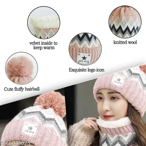 Pink embellished wool beanie hat & scarf set for autumn-winter sports, fits 54-58cm adult heads, China-made