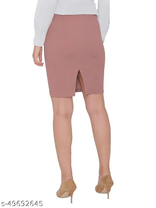 Black and Salmon Stretch Crushed Lycra High-waisted Versatile Pencil Skirts - Pack of 2. Versatile skirt for school, office, dates, parties, or formal events in various sizes (34, 36), with high waist and back slit design, ideal for pairing with a lace top, tights, and elegant coat. Origin: India
