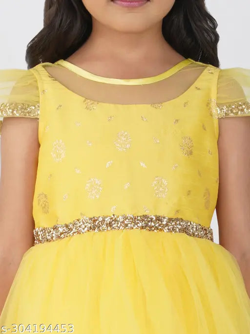 Yellow net party gown for girls, embellished balloon pattern, short sleeves, full length, 1-2 years size