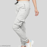 Light grey stretchable cargo trouser, polycotton, multiple pockets, gym and night wear, designer fit