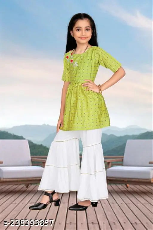 Classic cotton silk anarkali kurta set with sharara bottom, embellished & short sleeves, various sizes from 5-12 years, Indian origin