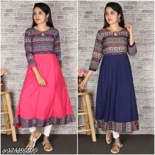 Indian poly crepe three-quarter sleeve ANARKALI kurti with printed combo pattern in sizes XS to XXXL