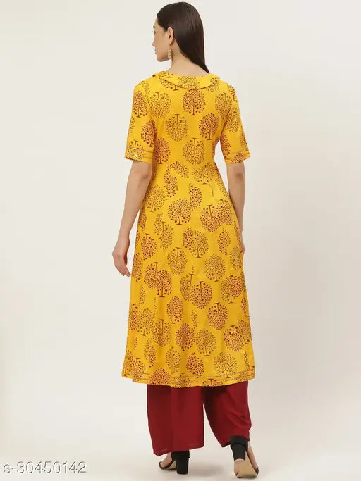 Mustard-print rayon Anarkali Kurta with short sleeves, vibrant design for women's ethnic wear, India origin