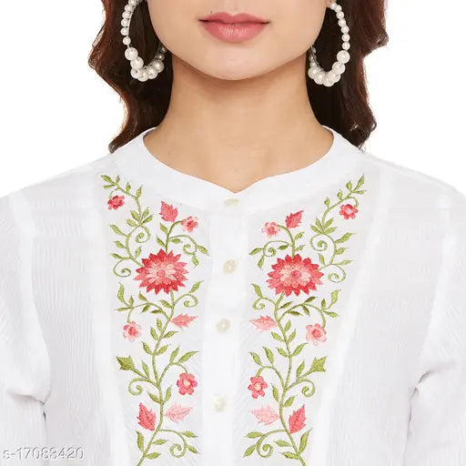 Cotton three-quarter sleeve embroidered net paper print shirt, casual & trendy for women, India