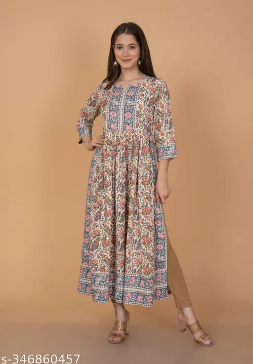 Rayon printed combo three-quarter sleeve Nyra cut kurti, vibrant Indian women's fashion on mannequin