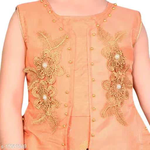 Orange silk blend embroidered long gown for girls party/festive wear, self-design net detail on display