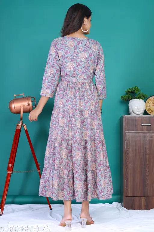 Suraja women's cotton turquoise floral print Anarkali Kurta with tiered and belt, three-quarter sleeves, round neck, and flared hem - Indian traditional attire for ladies