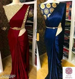 Satin combo saree, free size cotton silk saree with semi-stitched silk blouse, solid pattern and zari woven net detail, Indian traditional attire