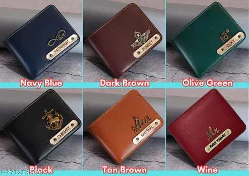 Faux leather personalized men's wallet with charm, customizable with name and design details