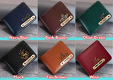 Faux leather personalized men's wallet with charm, customizable with name and design details