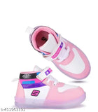 Light pink PVC walking shoe with lace-up fastening, ideal for boys' casual wear or playtime. Features light-up soles and non-slip durable rubber sole. Available in various sizes from toddler to kids. Made in India