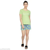 Cotton women's loungewear set: printed top with short sleeves and elasticated shorts, India-made for ultimate comfort